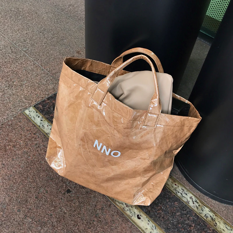 

Simple Design Large Capacity Shopping Bag PVC Craftpaper Waterproof Solid Totes Designer Hand Bag for Women