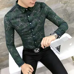 Качество корейский Кружевная рубашка Для мужчин Мода 2019 Весна Для мужчин социальной рубашки ночной клуб Slim Fit с длинным рукавом рубашки