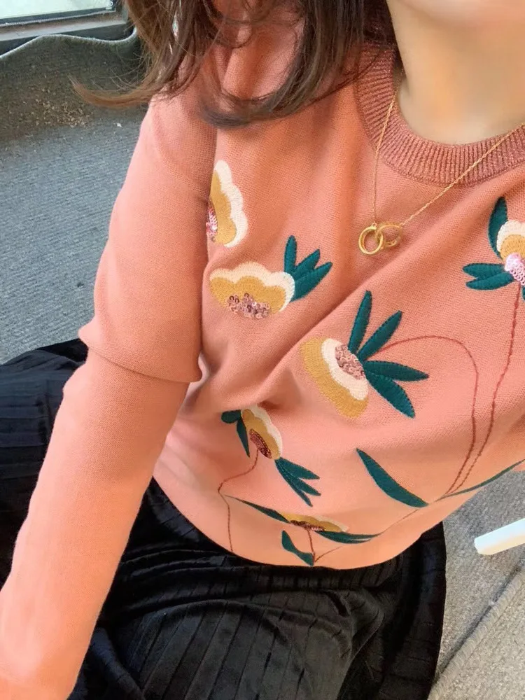 

Women Sweater Embroidered Sequined Crew Neck Sweater (Special Offer)