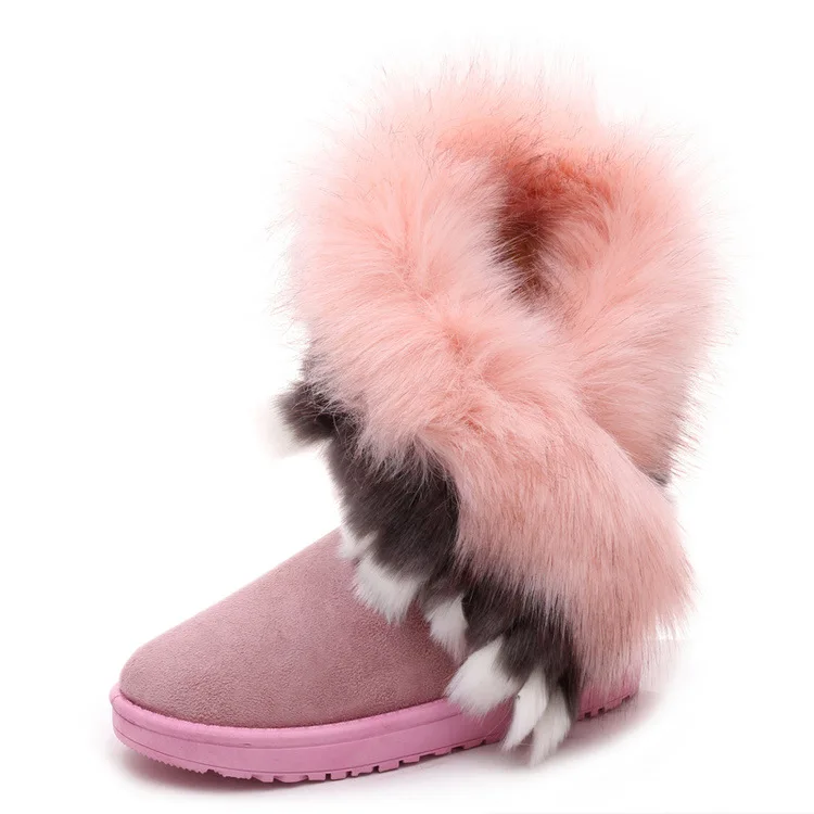 

Winter Fashion Snow Boots With Thick Fluffy Fox Fur Waterproof Anti-skid Keep Warm Boots Wedges Fox Fur Ankle Boots