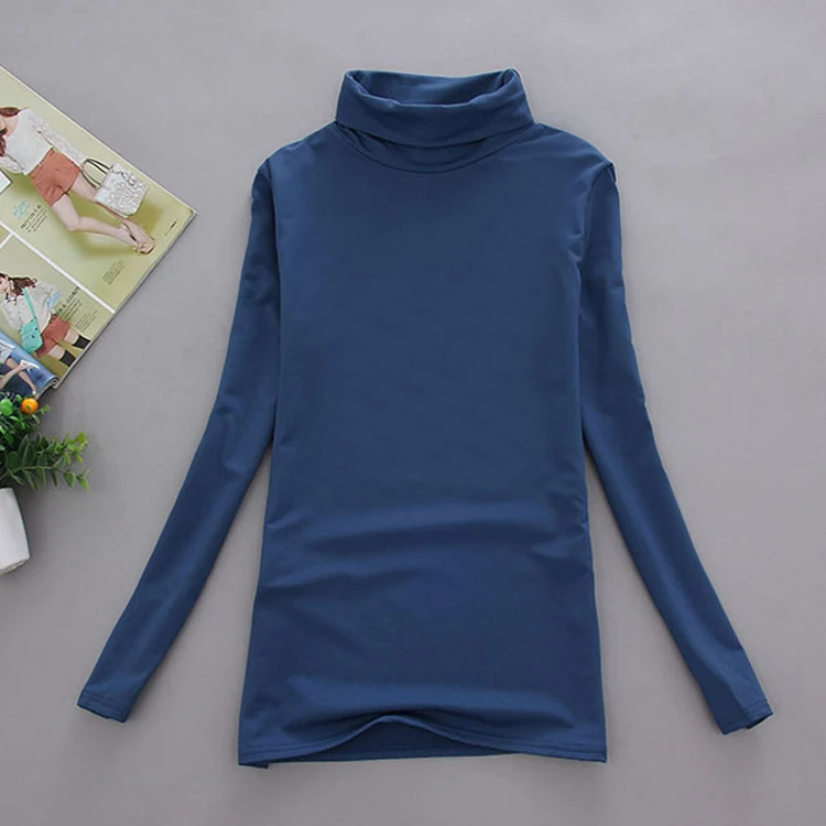 Новинка, зимняя Женская Базовая футболка с длинным рукавом, водолазка, эластичное нижнее белье, футболки для женщин, яркие цвета, топы, футболки - Цвет: denim blue