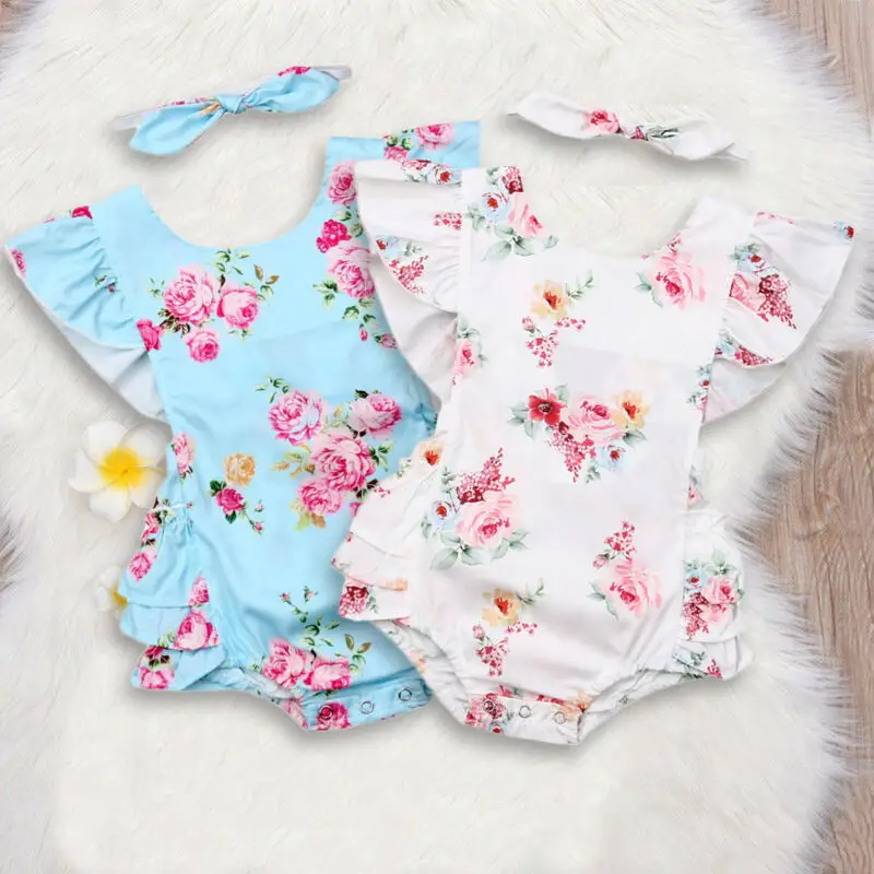 Emmaaby/Летний комбинезон с оборками и цветочным принтом для новорожденных девочек; повязка на голову; комплект одежды