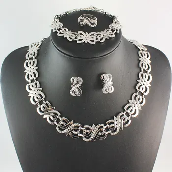 

African Costume Wedding Party jewelry sets Silver Plated Crystal necklace earring bracelet ring sets african beads jewelry sets