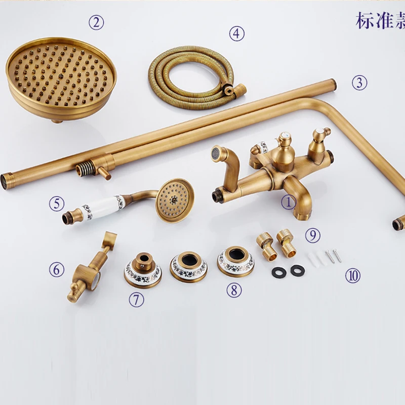 Античный латунный смеситель для душа, Набор кран с одной ручкой и держателем для хранения, смеситель для душа, кран с поворотным носиком для ванны, 8 дюймов, насадка для душа с дождевой насадкой