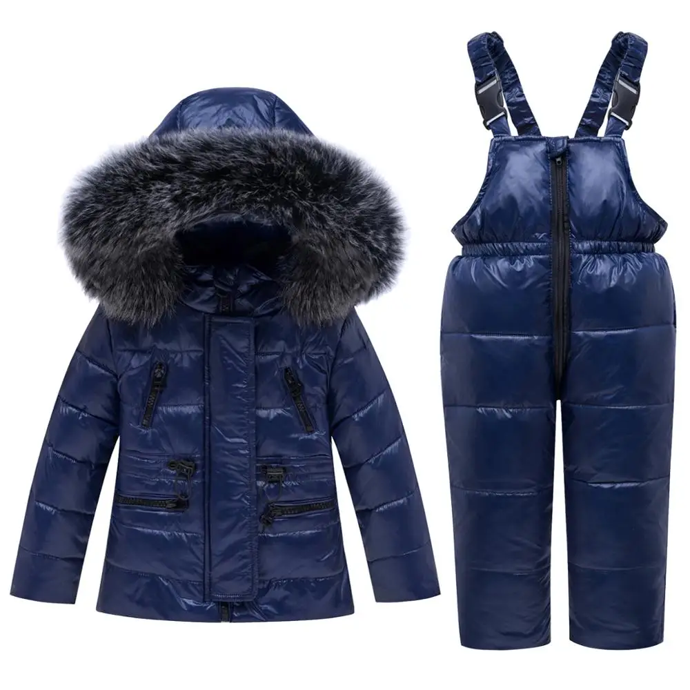 Детская зимняя одежда куртка с капюшоном и натуральным мехом на утином пуху для маленьких мальчиков и девочек, пальто+ штаны детский комплект одежды из 2 предметов для малышей