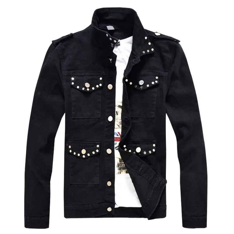 MORUANCLE New Men's Punk Style Denim Jacket With Rivet Fashion Black