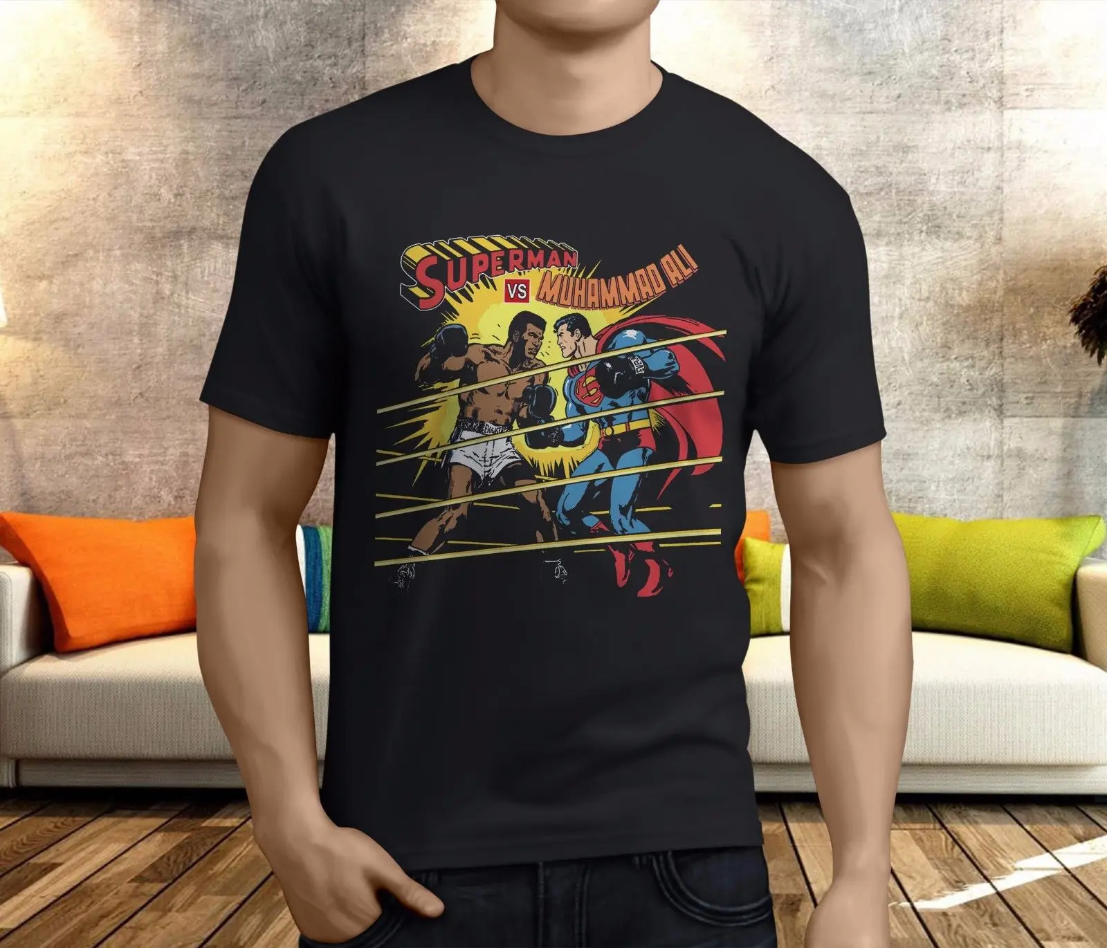 

New Muhammad Ali Vs Superman Funny Boxinger Heavywe Men'S Black T Shirt Size S 3Xl Round Collar Short Sleeve Tee Shirts Top Tee