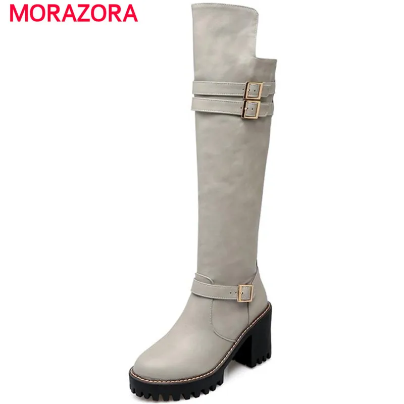 

MORAZORA 2020 New winter comfortable contracted women boots platform shoes square heels knee high boots buckle pu