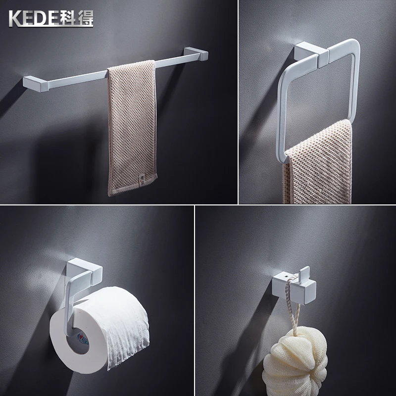 Bathroom Towel Rack Stainless Steel Square Hooks Towel Rail Wall Mounted Towel Bar White Spray Paint Bathroom Hardware Set