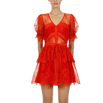 

High Quality Self Portrait Dress 2019 Women Summer Elegant Ruffles V-neck Puff Sleeve Red Lace Dress Short Party Dresses