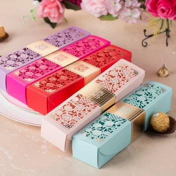 

Free Shipping 25*4*5CM rectangle paper laser cut wedding party favor box which can be put 6 pcs of chocolate in the box , JX10