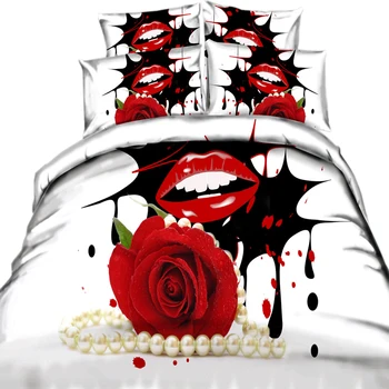 

yeeKin Hot Sale 3D Bedding Sets 4pcs Duvet Cover Set Red Rose Red Lips Nice Bedclothes Romantic for Adult Bedroom Home Textiles