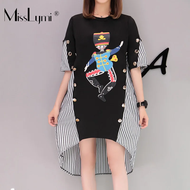 

XL-4XL Plus Size Women Rivet Dresses Summer 2019 Funny Cartoon Soldier Print Short Sleeve Patchwork Loose Casual Striped Dress