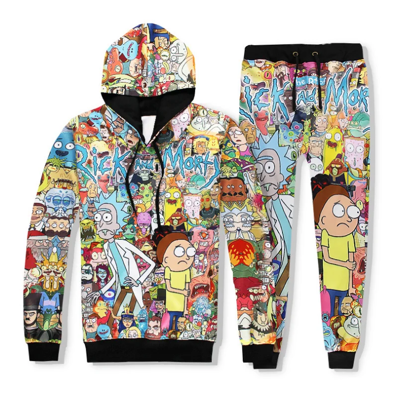 Harajuku Cartoon Rick And Morty 3D Print Sweatshirts Pullover Hoodies Colorful Tracksuit Hooded Tops Pants Sportwear Outfit
