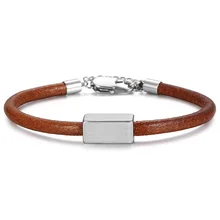 Custom logo Name Engrave Genuine Leather Bracelet& Bangle Stainless Steel Charm Bracelet for Men Women Jewelry Gift TBLM01