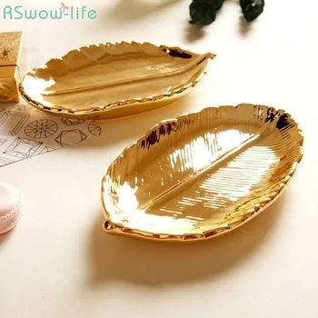 

Receiving Plate Ceramic Key Plate Gold-Plated Export Creative Decorative Ornaments Leaf Jewelry Tray Home Organization Storage