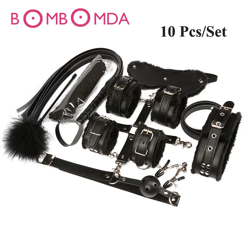 10Pcs Adult Games Slave Toys Set Handcuffs Footcuff Whip Paddle Mouth Gag Couples Erotic Toys Sex Bondage Kit Set Sexy Toys adult games 8 in 1 pink bondage kit set neck collar whip ball gag handcuffs rope eye mask fur sex fetish toy