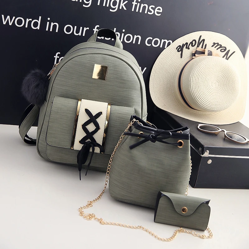 3Pcs/Set Women Backpack Set pu leather female fashion casual backpack+bucket bag+purse backpack bags for teenagers girls 48