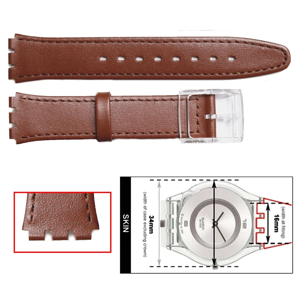 

16mm Genuine Leather Replacement BrownWatch Band fits S w a t c h Skin WB1068I16GB