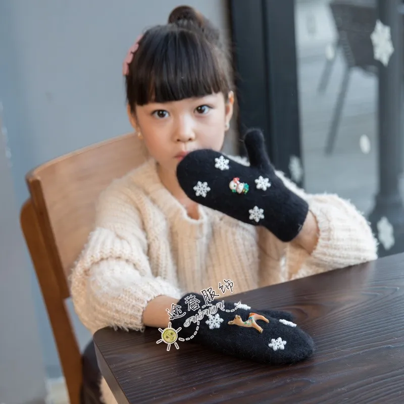 Осенне-зимние перчатки для девочек с милым оленем и снеговиком; шерстяные перчатки с кроличьим мехом; милые элегантные детские перчатки; рождественские подарки