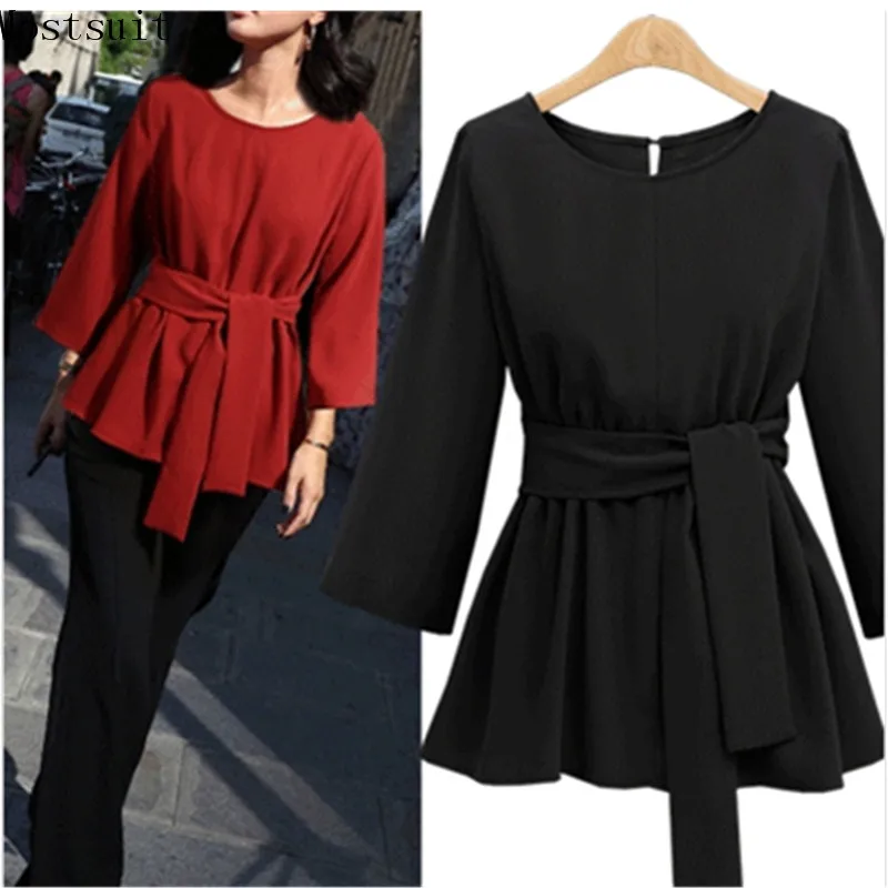 

5xl Plus Size 2018 Autumn Chiffon Belt Tunic Blouse Women Solid 3/4 Sleeve O-neck Casual Office Shirt Tops Pullover Blusas Mujer