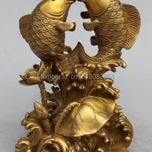 " Китайский Бронзовый двойной 2 Перемычка рыбы мяч на цветок лотоса Скульптура