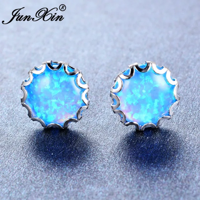 Junxin Simple Female Round White Blue Fire Opal Stud Earring 925 Junxin Simple Female Round White Blue Fire Opal Stud Earring 925 Sterling Silver Filled Jewelry Double Earrings For Women