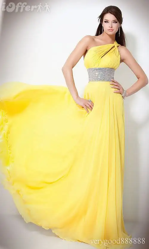 Discount New 2014 Fashion Yellow Unique design Prom dresses Chiffon