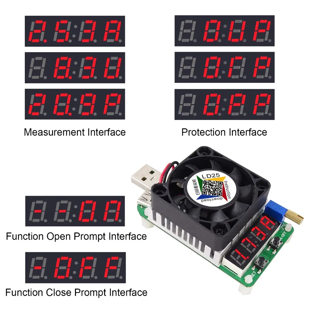 RD LD25 electronicos resistencia de carga USB интерфейс de prueba де батерия pantalla светодиодный ventilador de corriente регулируемые de25W