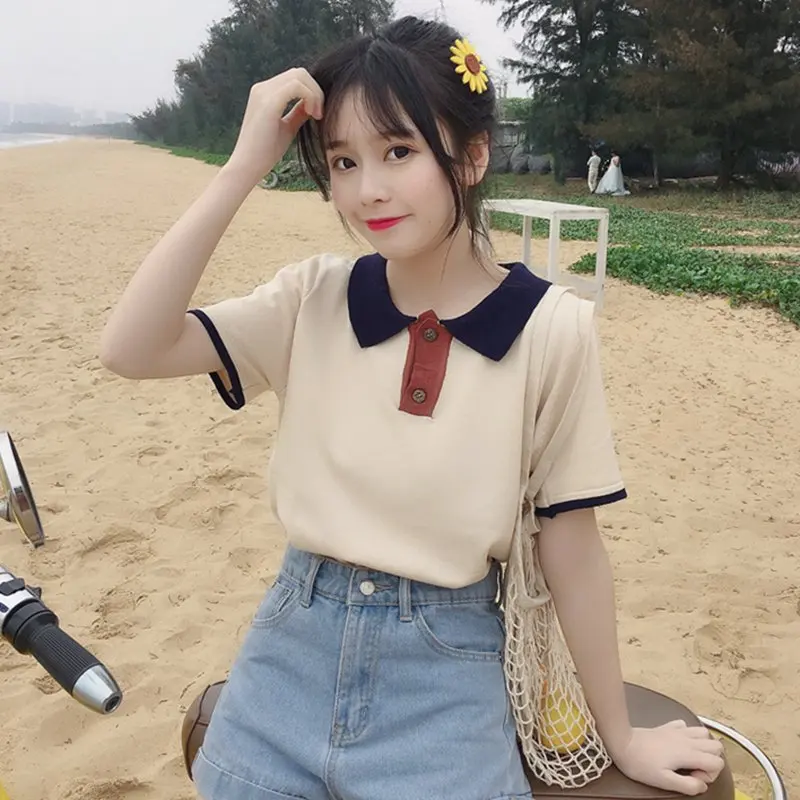

Casual Vintage All Match T Shirt Turn Down Collar Basic Loose t shirt Oversize Short Sleeve Female Tee Women Student Shirts