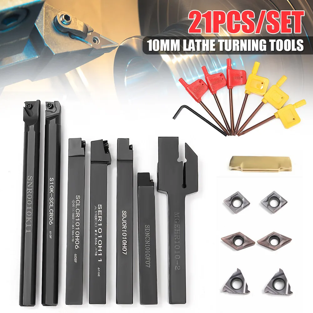 

Hot 1 Set 10mm Shank Lathe Turning Tool Holder Durable with Carbide Inserts Wrenches PLD