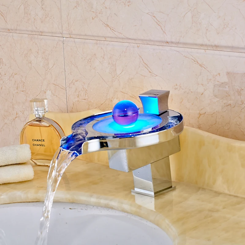 Luxury Led Faucet Bathroom Basin Faucet Brass Chromed led Waterfall Taps Water Power Basin led Mixer