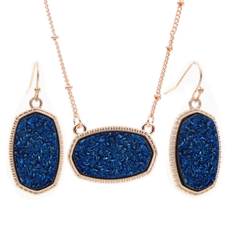 Blue Осень YJX розовое золото цвет мини переливающийся Drusy Овальный кулон ожерелья с серьгами ювелирный набор блеск бутик - Окраска металла: Blue