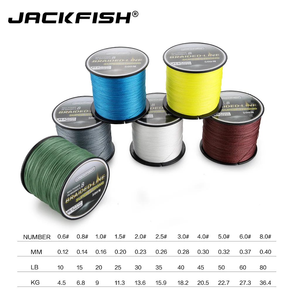 JACKFISH 8 حبلا صنارة صيد بولي ايثيلين مجدول 10-80LB 500 M المتعددة الشعيرات خيط صنارة الصيد ل الكارب الصيد معالجة المياه المالحة خيط صنارة الصيد