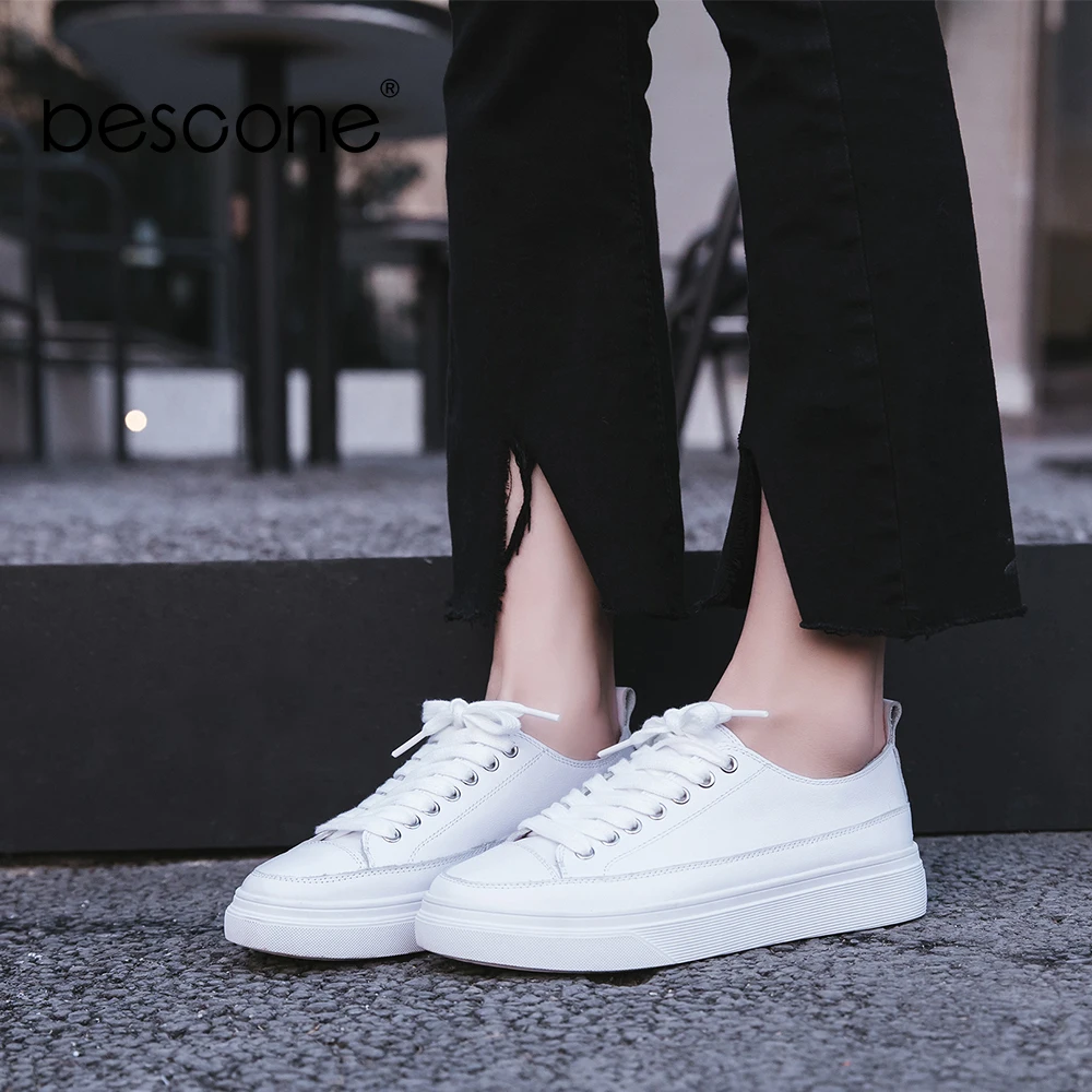 Señora Primavera Genuino Casual Cuero De Plana Impermeable 2019 apricot White Blanco Zapatos By1 Encaje Mujer Bescone Plataforma 5PWO8cn