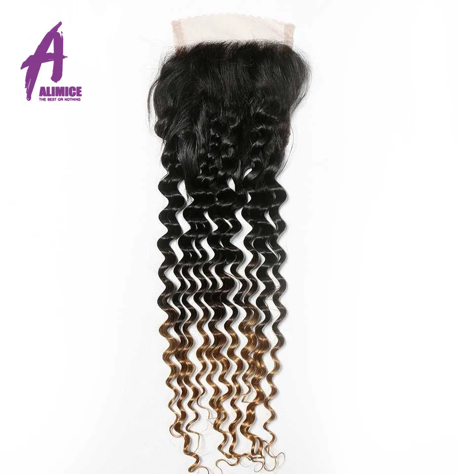 Alimice Ombre Bundles With Closure Indian Deep Wave Human Hair Weaves T1B427 Non Remy Hair Extensions Ombre Three Tone  (3)