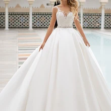 Loverxu, сексуальные винтажные Свадебные платья с открытой спиной и аппликацией,, Элегантное свадебное платье с поясом, расшитое бисером, матовое атласное свадебное платье трапециевидной формы со шлейфом