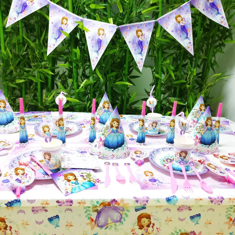 

78pcs/set Sofia first Princess Kids Birthday Party Decoration Party Supplies Cup Plate Banner Hat Straw Loot Bag Fork
