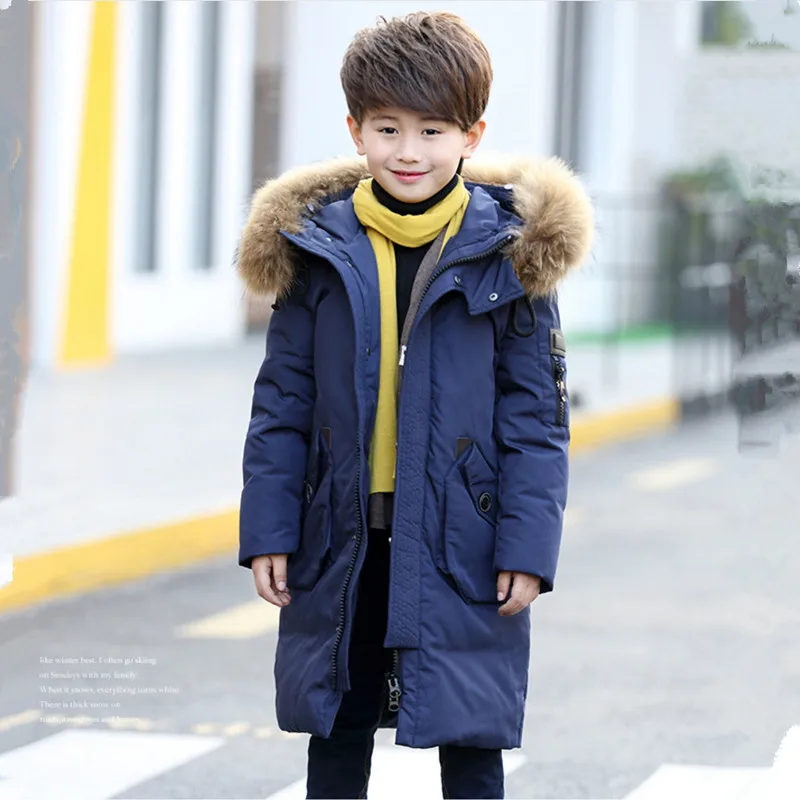 

Long Down Jacket For Girls Winter Coat 2017 New Fashion Hooded Big Fur Collar Warm Topcoat Cartoon Big Pockets Outwear 120-160