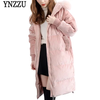 

YNZZU Korean Style 2018 Winter Velvet Women's Down Jacket Solid Long with Large Real Fur Collar Hooded Warm Female Jacket YO685