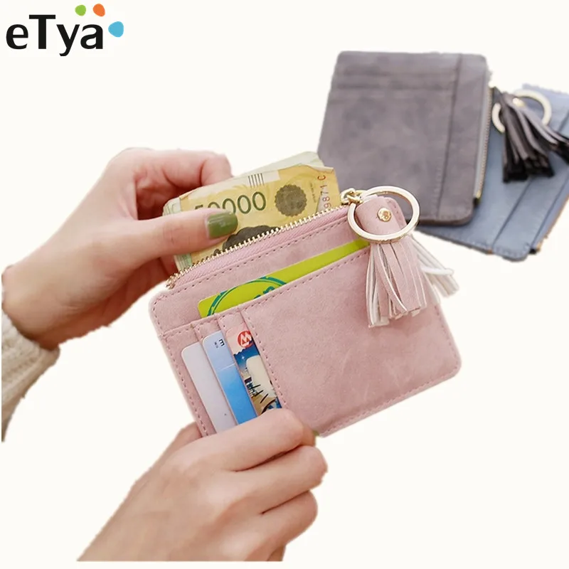 ETya, модный тонкий женский кошелек и сумочка, короткая сумка, маленькие кожаные держатели для кредитных карт, тонкие кошельки на молнии с кисточками, сумки с карманами для монет