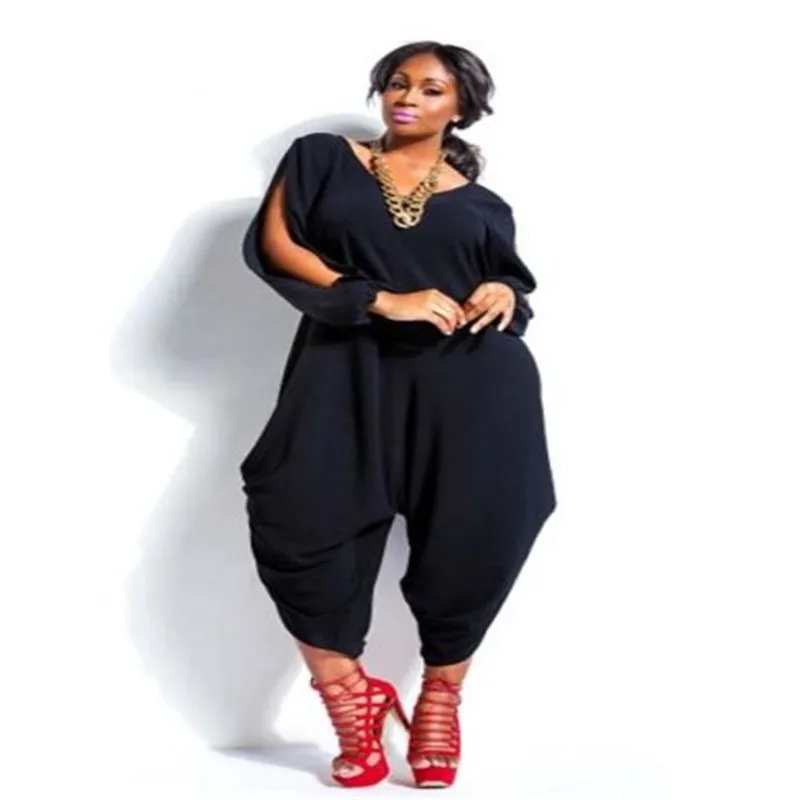 Plus Size Fashion Womens Long Split Sleeve Solid V Neck Romper Baggy Harem Jumpsuit Playsuit