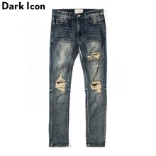 Dark Icon Ripped Jeans Men High Street Men's Jeans Regular Style Destroyed Denim Pants Men men contrast stitching destroyed denim pants