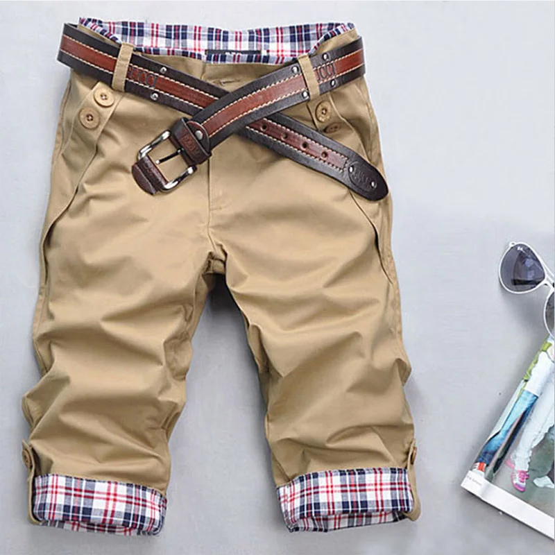 Клетчатые Лоскутные декоративные карманы укороченные мужские брюки корейский стиль повседневные мужские брюки Летние повседневные мужские короткие брюки