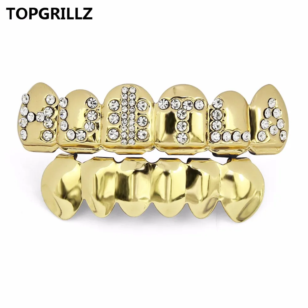 TOPGRILLZ золото цвет покрытием Iced Out письмо CZ камень хип хоп ЗУБЫ для рот GRILLZ шапки Топ и дно грили набор Классический зуб