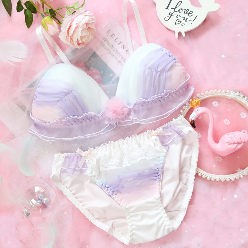 

Dream fairies Gradient Mesh Sweet Lolita Underwear Set Japanese Female Kawaii Sleep Intimates Set Lace Bow Bra & Panties Set