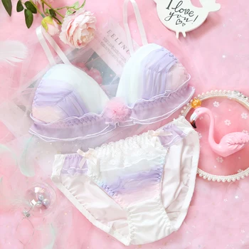 

Dream fairies Gradient Mesh Sweet Lolita Underwear Set Japanese Female Kawaii Sleep Intimates Set Lace Bow Bra & Panties Set