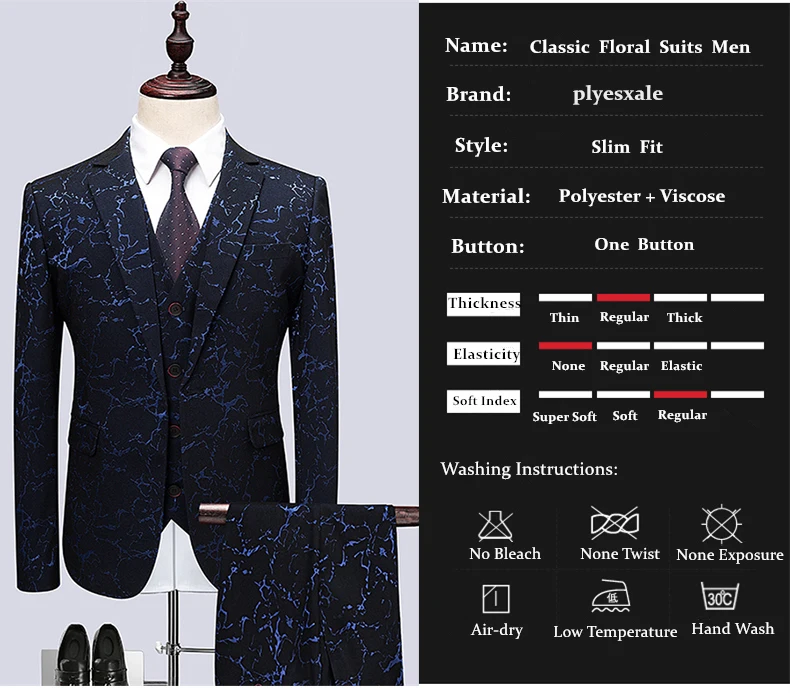 Plyesxale, свадебный смокинг, костюмы для мужчин, 3 предмета, приталенный мужской костюм с принтом s, брендовый, 5XL, 6XL, выпускной костюм, сценический пиджак, брюки, жилет, Q495