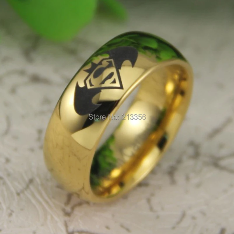 

Cheap Price Free Shipping USA Canada Hot Selling 8MM New Golden Dome Batman Superman The Lord New Men's Tungsten Wedding Ring