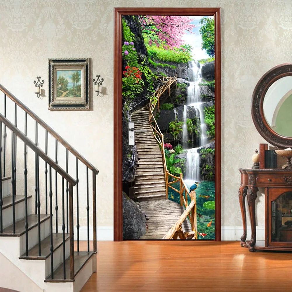 

3D Nature Landscape Waterfalls Door Wall Sticker Living Room Kitchen PVC Self-Adhesive Waterproof Sticker On The Doors Wallpaper